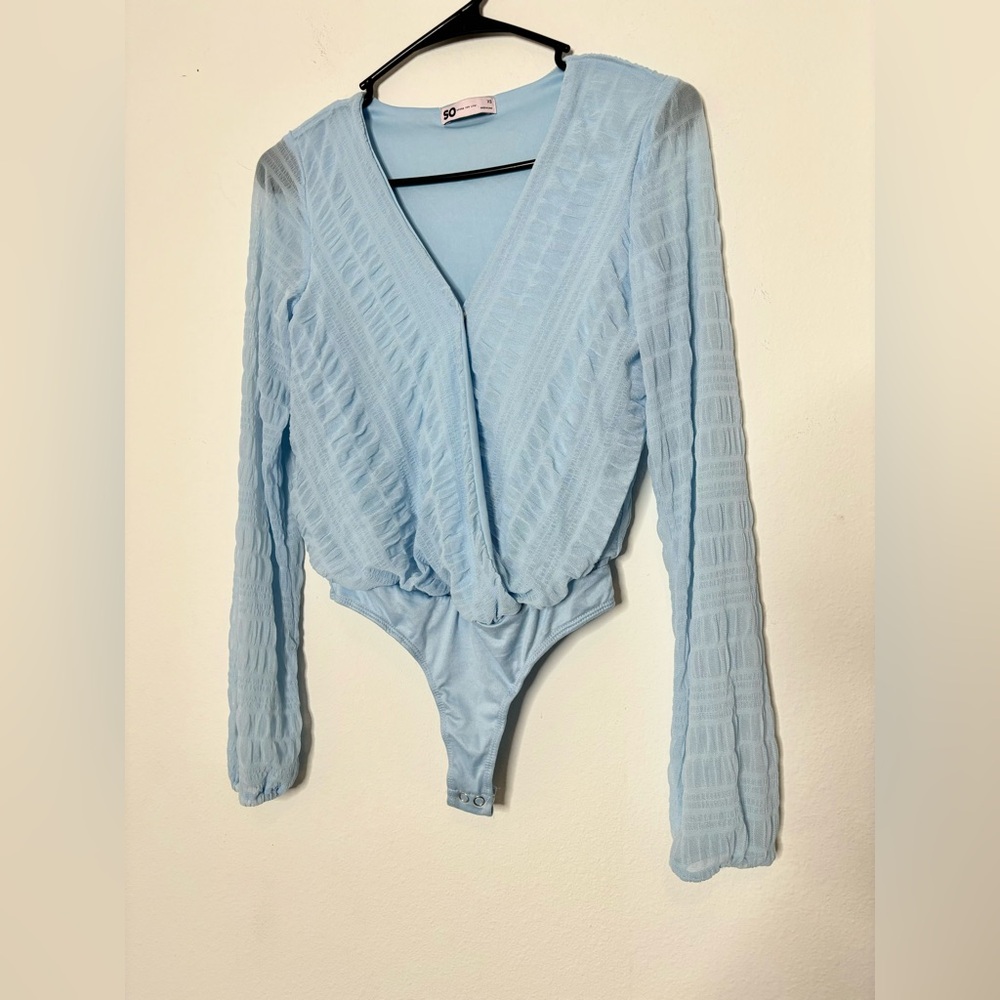 SO GOODS FOR LIFE BABY BLUE MESH SLEEVE RUFFLE BODYSUIT SZ XS